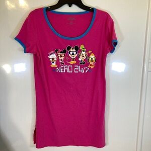 Disney Pink Sleep Shirt Sz S/M Nerd 24/7 Donald Minnie Mickey Goofy Pluto
